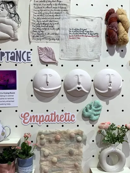 A material board for the 'Hope You're Well' trend, focusing on empathy, acceptance, and wellbeing. The collection of soft textiles, gentle forms, and calming objects guided our creation of a space designed for emotional comfort.