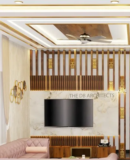 A full view of the living room concept, showcasing the TV wall with brass-inlay wooden rafters and a multi-layered false ceiling design. This render helps clients visualize the final look and feel of their main living space.