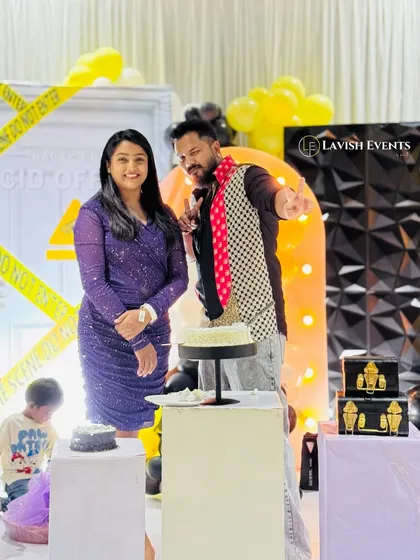 The happy couple enjoying their custom-designed "CID Officer" themed surprise party. We can tailor any theme to be fun and personal.