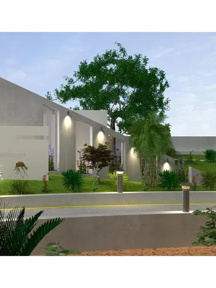 A ground-level render of the Pechimuthu Memorial. The building's white undertones and tapered form signify purity and stability, while the surrounding dense greenery creates a serene atmosphere.