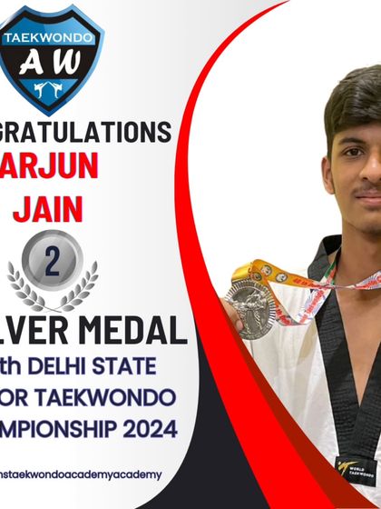 Arjun Jain with a Silver Medal win at the Senior Delhi State Taekwondo Championship 2024.