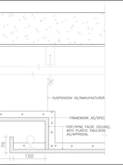 The technical drawing for a false ceiling, complete with annotations for the framework and suspension. This level of detail is crucial for ensuring our designs are executed flawlessly on site.