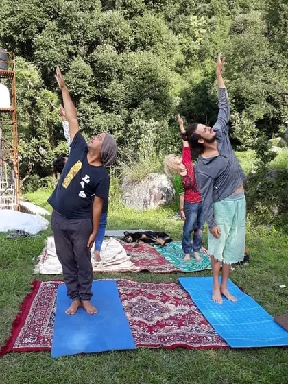 Leading a small group in an upward salute pose (Urdhva Hastasana) in the green fields of Dharmkot. The fresh mountain air makes the practice even more special.