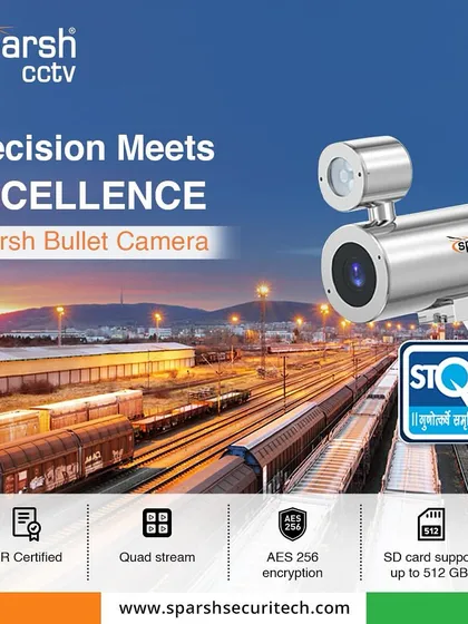 The Sparsh Bullet Camera combines precision with excellence. This STQC-certified camera features quad-stream technology, secure AES 256-bit encryption, and up to 512 GB of SD card support, making it ideal for critical infrastructure like railway monitoring.