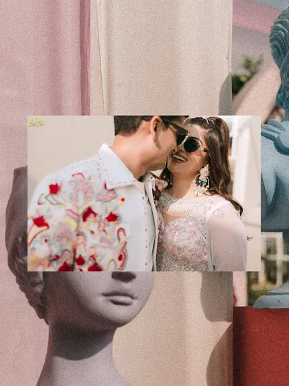 An artistic, collage-style portrait that plays with layers and textures, reflecting the modern and vibrant energy of the couple.
