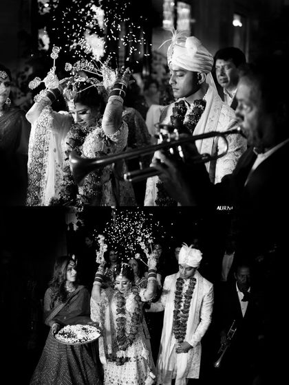 A black and white collage of the couple's exit, being showered with rice and flowers, a trumpeter heralding their union.