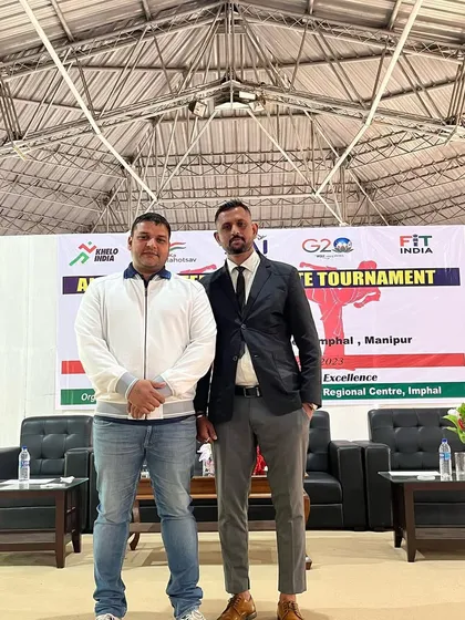 With a fellow official at the All India Inter SAI Karate Tournament in Imphal. The success of any tournament depends on the hard work of the entire organizing team.