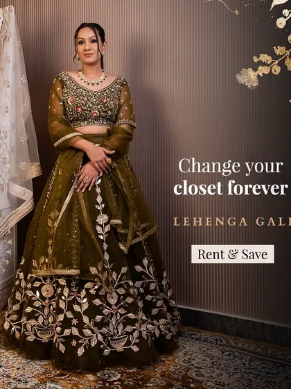 Change your closet forever with rental fashion. This olive green lehenga with gold leaf embroidery is an elegant and earthy choice for a wedding guest.