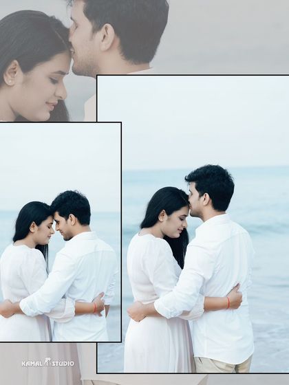A collage of tender embraces on the beach, focusing on forehead kisses and quiet moments that showcase the couple's deep affection.