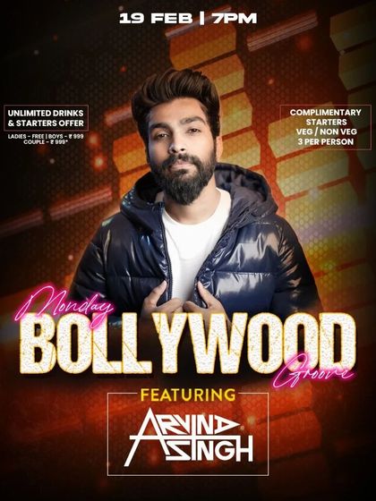 Another poster for Monday Bollywood Groove, featuring unlimited drinks and starters offers.