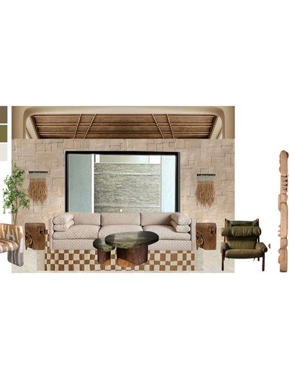 A mood board for a unique project, featuring a mix of stone walls, earthy textures, and sculptural wooden furniture.