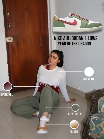 A breakdown of my "Year of the Dragon" inspired outfit. I pulled the dark red, sail white, olive green, and golden colors from the sneaker to create a cohesive look.