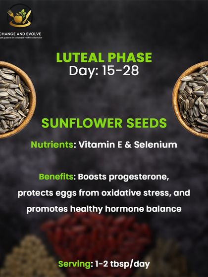 For the luteal phase (Day 15-28), sunflower seeds are a great choice. They are rich in Vitamin E and selenium, which help boost progesterone and promote a healthy hormone balance.