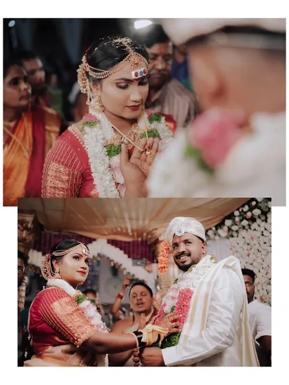 The moment of exchanging garlands (Jaimala). This collage captures the bride and groom's expressions during this joyful and significant ritual.