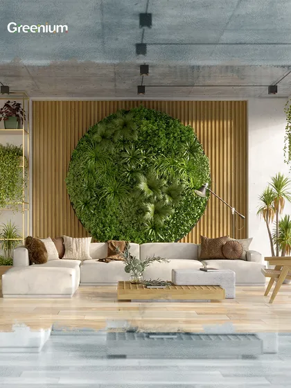 This is biophilic design at its finest. We created this unique, circular green wall as a living art installation, turning a modern living room into a sophisticated and serene environment that truly connects the space with nature.