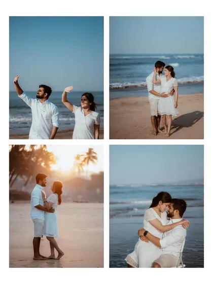 This photo series shows the variety of a beach shoot, from taking selfies and walking together to sharing intimate moments by the water.