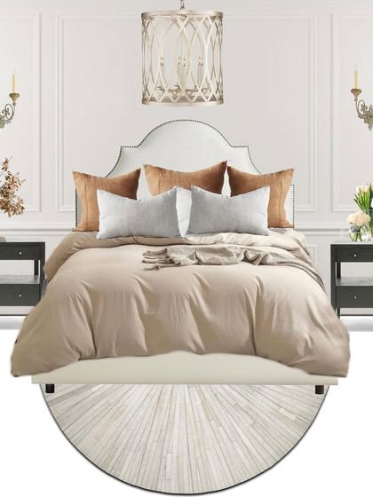 A mood board for a bedroom, focusing on a neutral, serene aesthetic with classic furniture and elegant lighting. This helps set the tone for the entire room.