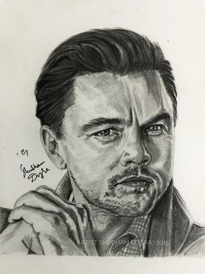 A pencil portrait of Hollywood legend Leonardo DiCaprio. This sketch from 2015 focuses on his intense and expressive gaze.