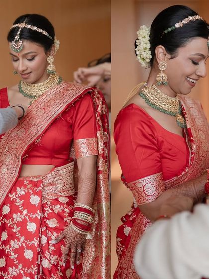Getting ready moments with my bride in red. Her smile shows the joy and excitement, and her makeup is designed to stay fresh and radiant throughout the day.