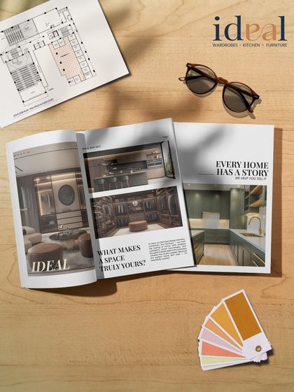 Every home has a story. This image, styled like a magazine spread, showcases our work and philosophy. We don't just design spaces; we curate experiences where luxury, functionality, and personalization come together.