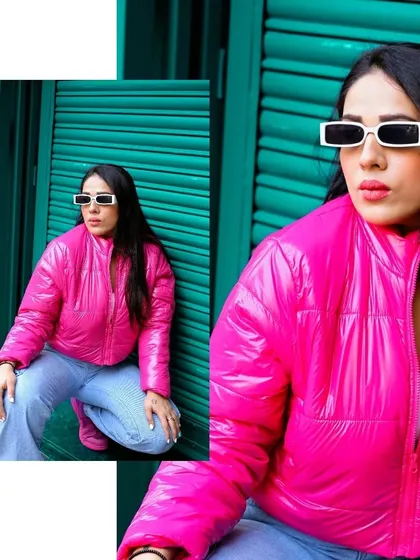 Another creative collage, this time focusing on a close-up of the sunglasses and the overall pose. It's a great way to highlight key accessories in a fashion shoot.