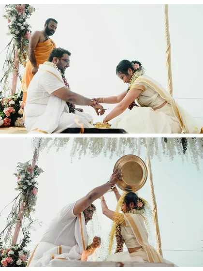 The serene rituals of a South Indian beach wedding, with the ocean in the background. We specialize in capturing the unique atmosphere of destination ceremonies.