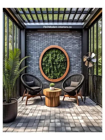 This design showcases a modern and chic aesthetic. I used a dark brick accent wall with a unique circular living art piece as the focal point. The minimalist wicker chairs and simple wooden table create a sophisticated, uncluttered space for quiet contemplation.