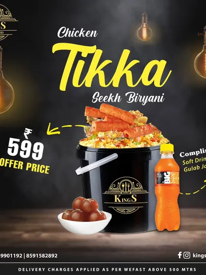 Here's a closer look at our Chicken Tikka Seekh Biryani offer. A full bucket of biryani with juicy seekhs, plus dessert and a drink. A complete and satisfying meal.