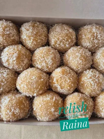 A small box of my fresh Coconut Laddoos. They are a light and delightful treat for any time of the day.