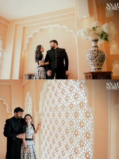 A two-panel image showing the couple interacting within a room featuring beautiful latticework, showcasing different angles and poses from their heritage pre-wedding shoot.