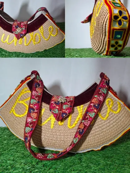 This unique, fan-shaped bag is another example of creative upcycling. I use a mix of materials, including jute, velvet, and embroidered straps, to craft personalized accessories.
