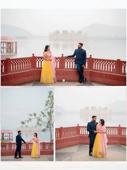 A lovely collage of Ashish and Pallavi at Jal Mahal. The yellow and pink of the bride's lehenga adds a bright, cheerful feel to the photos.