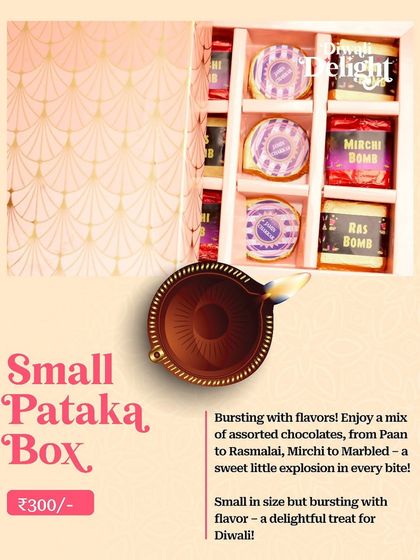 The "Small Pataka Box" for Diwali, a budget-friendly option bursting with assorted flavoured chocolates.