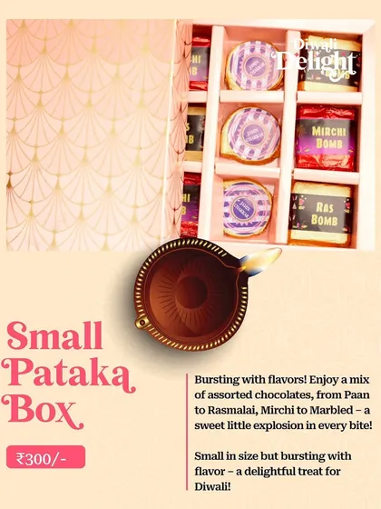 The "Small Pataka Box" for Diwali, a budget-friendly option bursting with assorted flavoured chocolates.