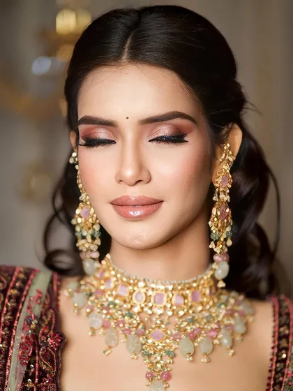 A detailed shot of the eye makeup. We used soft pink and brown tones to create a romantic, smokey effect that enhances her eyes beautifully.