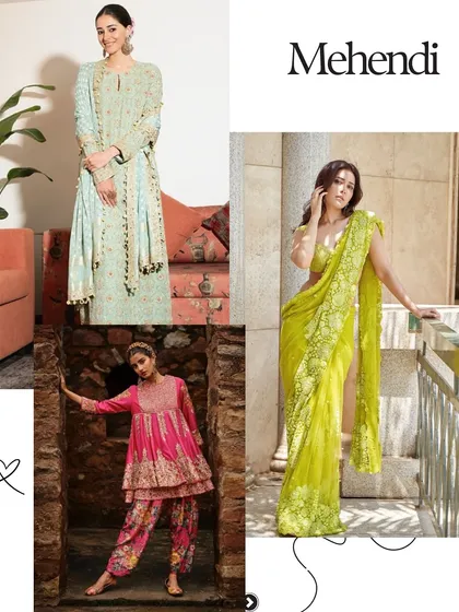 Mehendi looks for bridesmaids can be both traditional and modern. This board includes a pastel Anarkali, a vibrant dhoti set, and a chic lime green saree.
