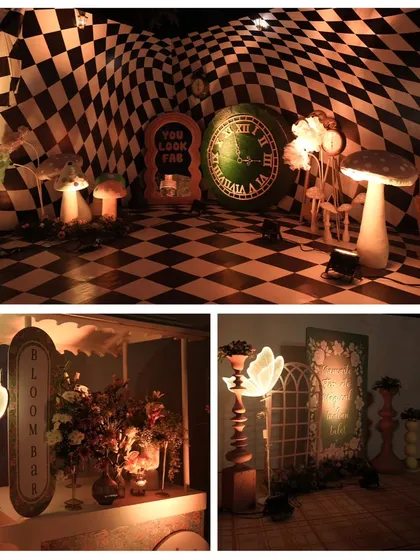 A collage of the detailed decor, showing the checkered photo corner, the 'Bloom Bar', and the magical welcome sign.