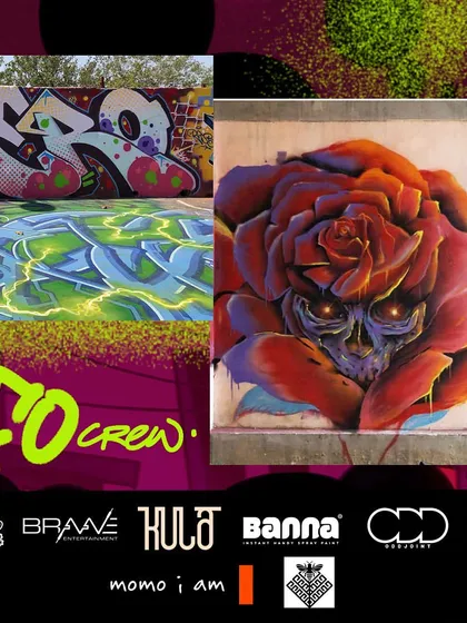 This feature collage highlights my affiliation with the UFO Crew. It includes a mix of my graffiti lettering and more surreal, illustrative mural work like the skull rose.