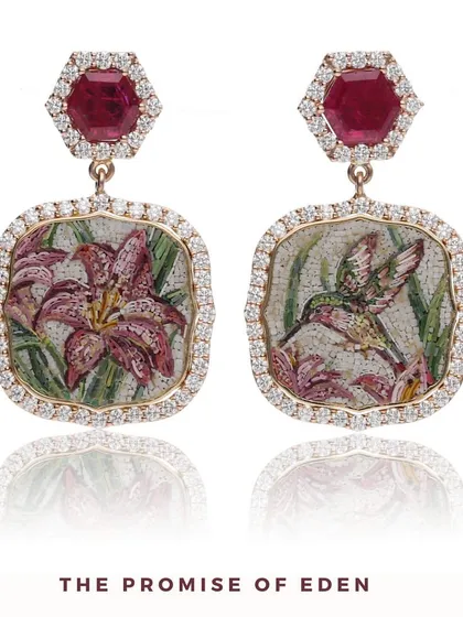 A studio shot of the "Promise of Eden" earrings, highlighting the intricate mosaic work and the sparkle of the surrounding diamonds.