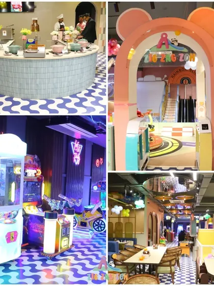 Our play arena is packed with fun! This collage shows our arcade and VR zone, the entrance to the play structure, and the cozy cafe area for parents to relax.