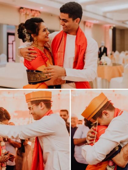 The emotional hug after the final vows. A collage capturing the heartfelt moments between Karishma and Siddharth at their Maharashtrian wedding.