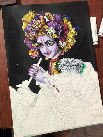 The painting in progress. Here you can see the face and floral crown are almost complete, while the rest of the body is still a line drawing.