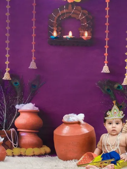 Another angle from our popular Krishna-themed shoot, ready to capture your little one's divine charm.