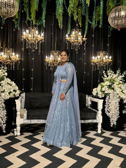 The complete look. This powder blue lehenga stands out beautifully against the elegant decor, making for picture-perfect moments.