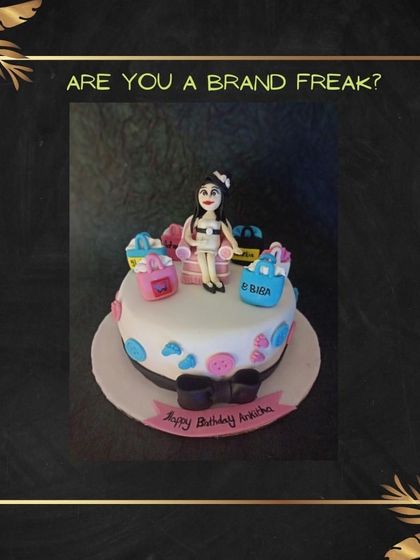 A "Brand Freak" cake for the ultimate shopper. This design features a figurine surrounded by shopping bags from various brands, perfect for a fashion lover's birthday.