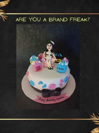 A "brand freak" cake for the fashionista in your life. This cake is decorated with shopping bags and a stylish fondant figure.