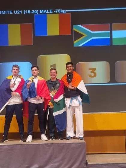 Sharing the podium with the world's best. Shandai Manan stands with fellow medalists from Romania and South Africa at the WGKF World Goju Ryu Karate Championship.