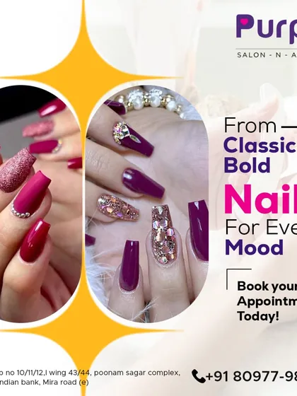 From classic to bold, we have nails for every mood. This graphic showcases two stunning examples of our work: a glittery magenta set and a deep plum design with crystal accents.