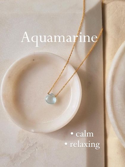 My 'Badamcha' collection features heart-shaped drop pendants in various stones. The Aquamarine version is for calm and relaxation.