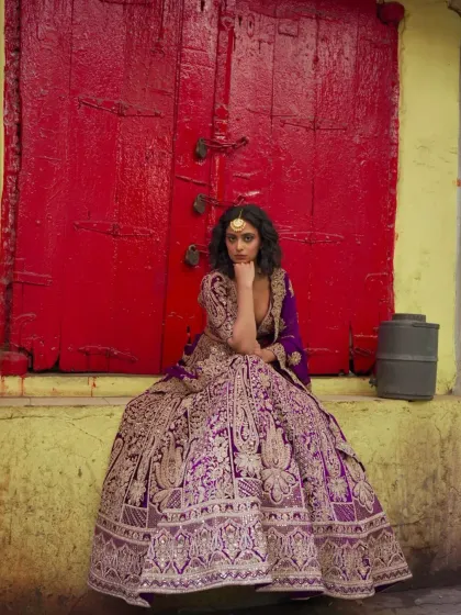 Every piece in my wedding collection is made to be worn like a dream. This regal purple lehenga with all-over gold embroidery is the definition of opulence.